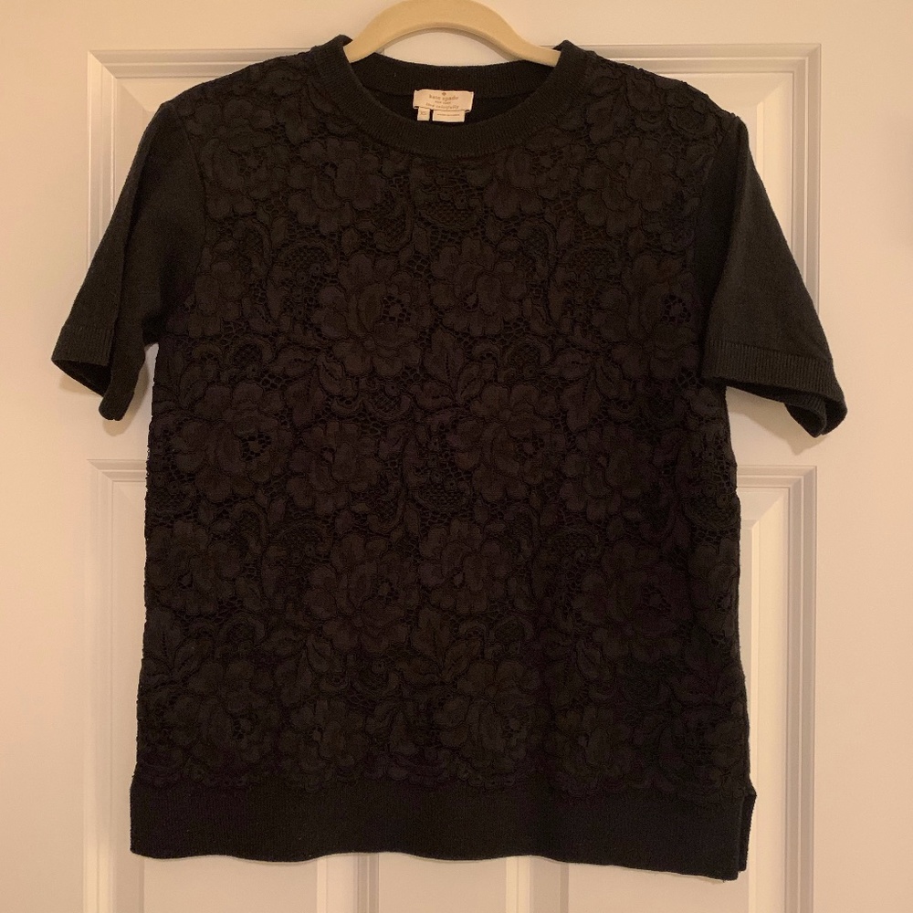 Kate Spade Black Lace Front Short-Sleeve Sweater